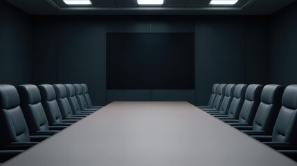 Wall Mural - A modern, dimly lit conference room with a large table and black leather chairs arranged neatly on both sides.