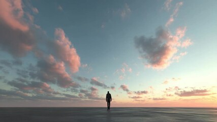 Wall Mural - Silhouette strolling at sunset with vibrant clouds across a vast horizon