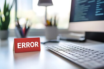Aufkleber - Error Sign on Desk Next to Keyboard in Modern Office Environment