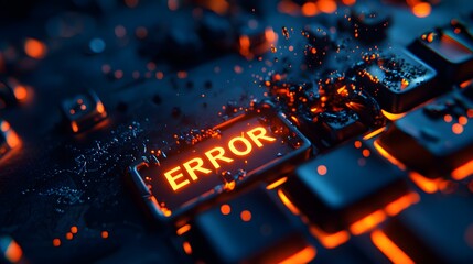 Leinwandbilder - Glowing Orange Error Message on Keyboard with Abstract Particles