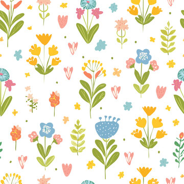 Vector seamless floral pattern flower bouquets with a ribbon
