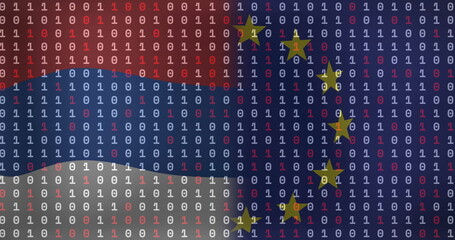 Poster - Streaming binary digits forming red blue white stripes in digital graphics, with 12 yellow stars