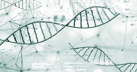 Poster - Stylized DNA double helix models floating in data interface, with network nodes and numeric labels