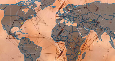 Poster - Displaying world map overlay connecting nodes at interface, with DNA helix and numeric grid lines