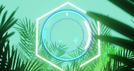 Poster - Animating hexagon and circular HUD rotating in virtual environment, with palm and fern silhouettes