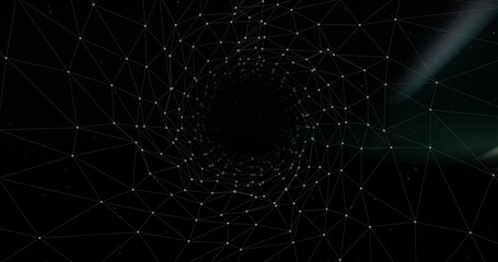 Poster - Showing mesh forming funnel into central void in digital space with nodes edges green light streaks