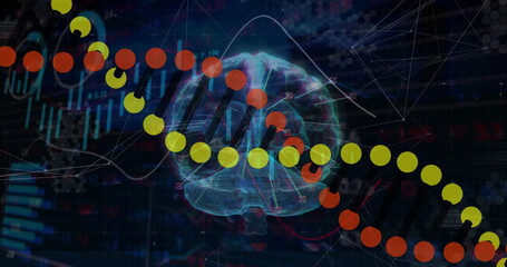 Poster - Highlighting DNA helix linking wireframe brain in visualization with hex grid network lines