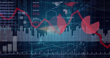 Poster - Displaying financial dashboard showing global map on dark interface, with red downward line graph