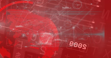 Poster - Rendering red globe with network lines and nodes on data panel, displaying waveforms inverted 2003