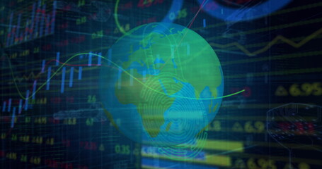 Poster - Floating globe rotating within trading dashboard, with fingerprint swirl projection and market data
