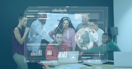 Poster - Seven colleagues interpreting hologram charts and globe in conference room, with laptop