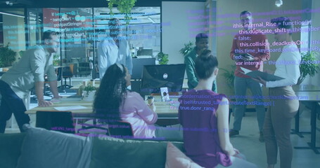 Poster - Gathering around wooden table, team discussing software in office with monitor and code overlay