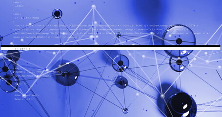 Poster - Displaying black and translucent spheres linked by lines in blue gradient space, with code overlay