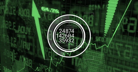 Poster - Displaying circular HUD overlay showing key numbers on trading dashboard, emphasizing upward arrow