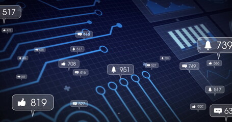 Poster - Floating bell notification bubble hovering over grid, with glowing nodes, numeric badge