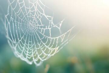 Poster - delicate spiderweb adorned with dewdrops glistens in soft morning light offering minimalistic elegance