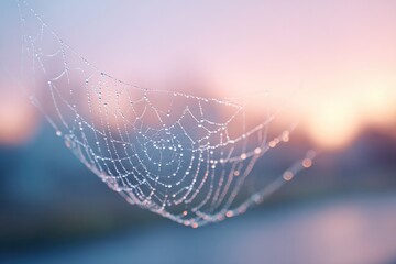 Poster - delicate spiderweb glistens with dew droplets against soft-focused dawn light offering ample space for text