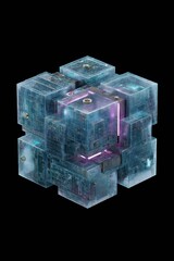 Poster - a cube made of blue plastic with a purple light inside. the cube is made of many small cubes and is 