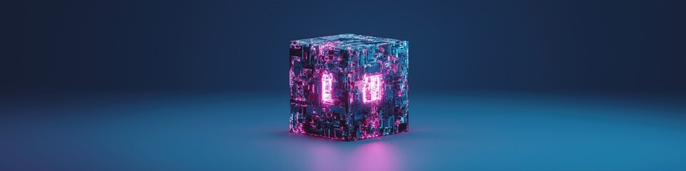 Poster - A cube with a light inside of it. The cube is purple and blue