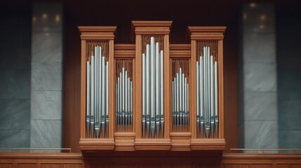 Poster - grand concert organ with polished wooden pipes stands majestically in dimly lit hall intricate engravings on pipes