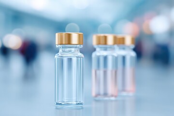 Poster - minimalistic image featuring modern medicine containers in focus with blurred people in background