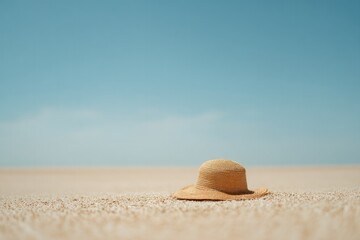 Poster - solitary sunhat rests on sandy beach evoking serene summer escape