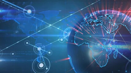 Poster - Soft flare initiating holographic globe rotating, projecting nodes and visualizing data links