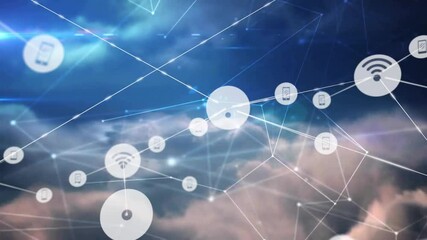 Poster - Circular node appearing starting network growth above clouds, showing wifi and phone icon links
