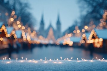 Poster - captivating image of bustling christmas market with vibrant stalls festive lights in foreground and people subtly blurred