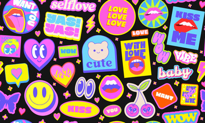 Poster - Cute Y2k Seamless Pattern Pop Art Design. Cool Funky Groovy Stickers Collage Illustration. Funny Cartoon Characters Vector Background. Smile Patches.
