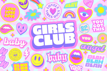 Poster - Girls Club Stickers Collage Vector Design. Cool Y2k Girly Background Pop Art Illustration.