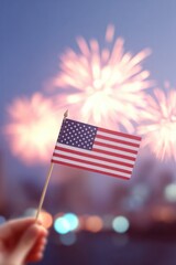 Poster - capture minimalistic scene of small american flag held by hand in focus with fireworks blurred in background to celebrate