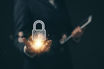 Fototapete - Businessman finger touching padlock icon.Cybersecurity protection concept.Innovative digital crime prevention technology.Financial data protection financial transaction security