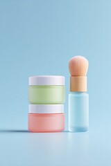 Poster - minimalistic beauty products on plain surface with copy space