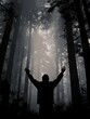 © Johannes - Silhouette of a person standing in the woods with raising hands up.