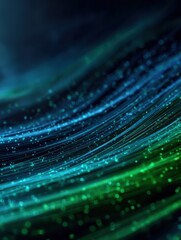 Poster - Background with glowing light blue and green lines, particles of data flowing in the air.