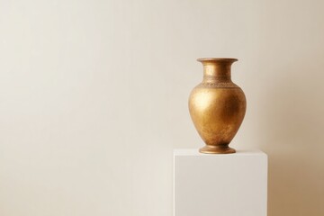 Poster - solitary antique vase placed on white pedestal in empty room
