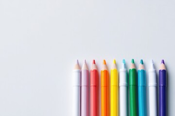 Poster - minimalistic arrangement of colorful office supplies against white background providing ample copy space