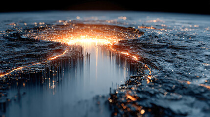 Fototapete - An abstract digital landscape resembling a glowing cyber terrain with bright light trails and a deep chasm cutting through the surface