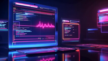 Futuristic cyberspace laptop coding interface with digital data stream background