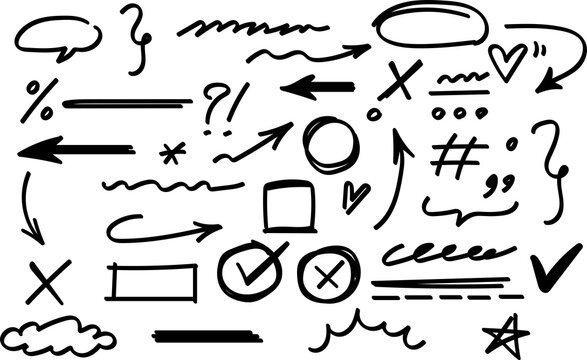 Collection of hand drawn doodle elements including arrows and symbols on a white background