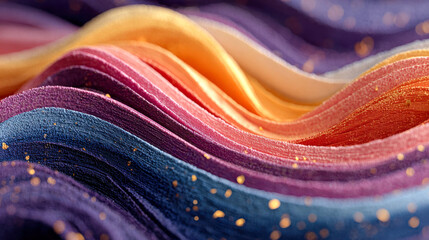 Poster - Macro photograph of multicolored textile folds highlighted by glimmering golden specks, showcasing rich texture and depth