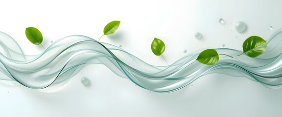 Poster - Flowing Lines And Fresh Green Leaves Against A White Backdrop. Abstract Movement, Harmony In Nature, Fluidity And Organic Beauty Depicted. Light Adds Depth. Visual Conveys Calm.