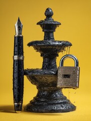 Poster - Black padlock and fountain pen, yellow background