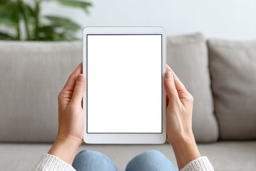 Poster - Person holding tablet with blank white screen sitting on couch, cozy home environment with casual clothing