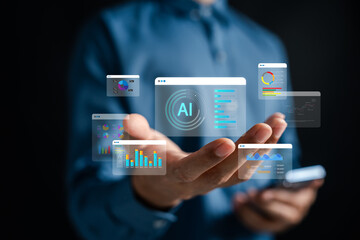 Fototapete - AI technology for cloud computing and data analysis, optimizing digital transformation, storage management, and intelligent visualization across business and IT operations.