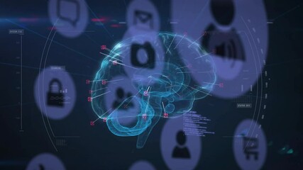 Poster - 3D brain appearing in digital interface lighting nodes extending lines linking icons into network