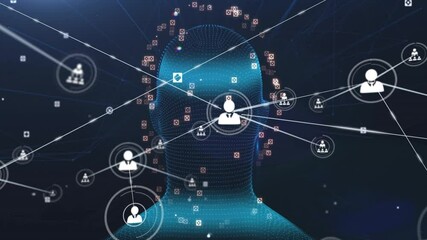 Poster - Point-cloud head emerging in tech, rotating and creating icons with lines showing network growth
