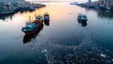 A seaport with plastic trash scattered everywhere. Plastic pollution in the ocean is an environmental issue. A global problem, a threat to ocean