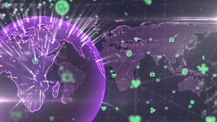 Poster - Purple globe emerging right, spinning and revealing medical icons connecting global health network